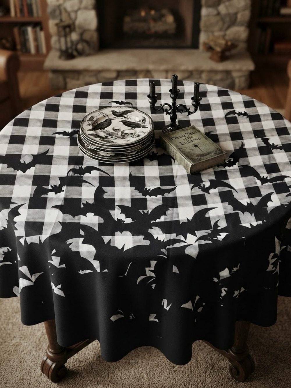 Halloween Black & White Bat Check Tablecloth - Home Dining
